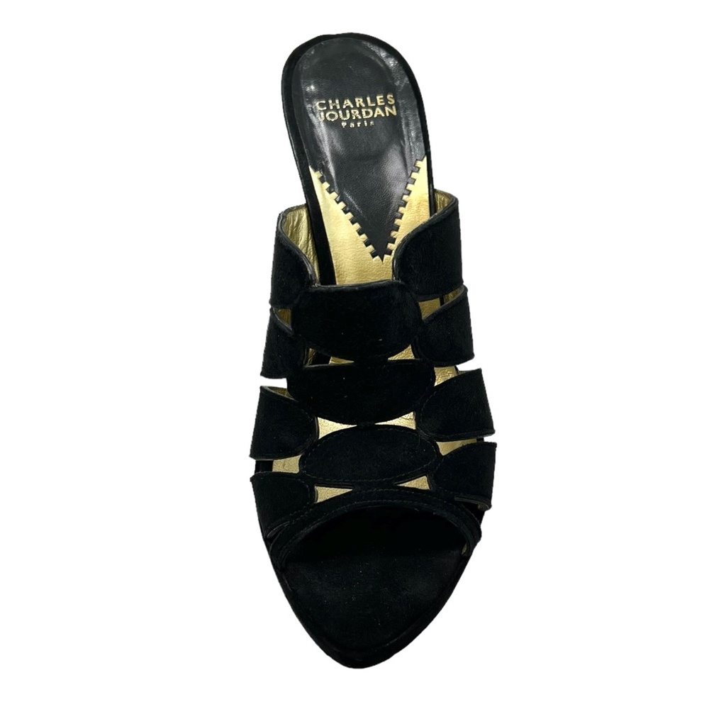 CHARLES JOURDAN PARIS BLACK SUEDE & GOLD METAL WEDGES SIZE 8.5M - Picture 7 of 15